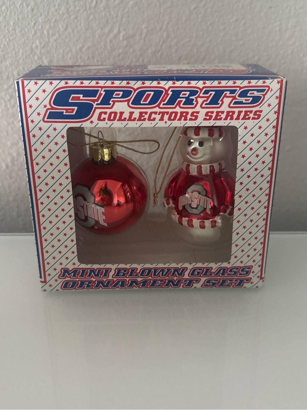 New In Box Ohio State Buckeyes Blown Glass Christmas Holiday Tree Ornaments